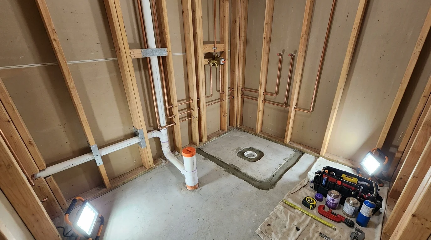 Bathroom rough-in plumbing during remodel by Johns Plumbing LLC in Graniteville