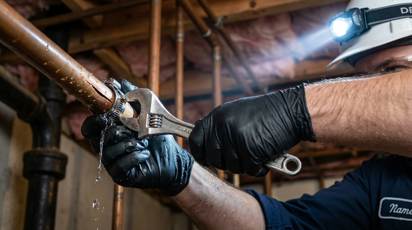 Emergency pipe clamp repair being performed by a Johns Plumbing LLC plumber in Graniteville