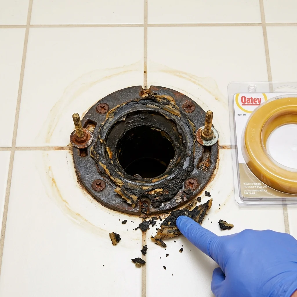 Failed wax ring showing water seepage at the base of a toilet in a Graniteville, SC home