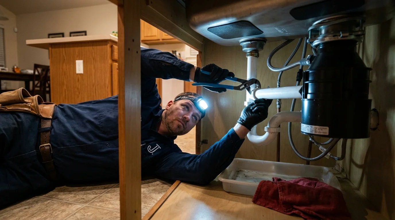 P-trap and supply line connections under a kitchen sink showing a common leak point in Graniteville, SC